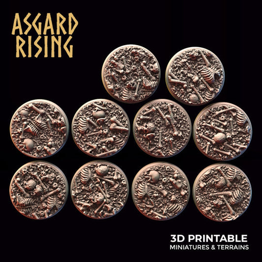 Skull And Bones Round Bases (x10) | Creepy 3D Printed Resin Mode | Ideal for DnD, RPG, table top Gaming, Fantasy, Terrain, Diorama