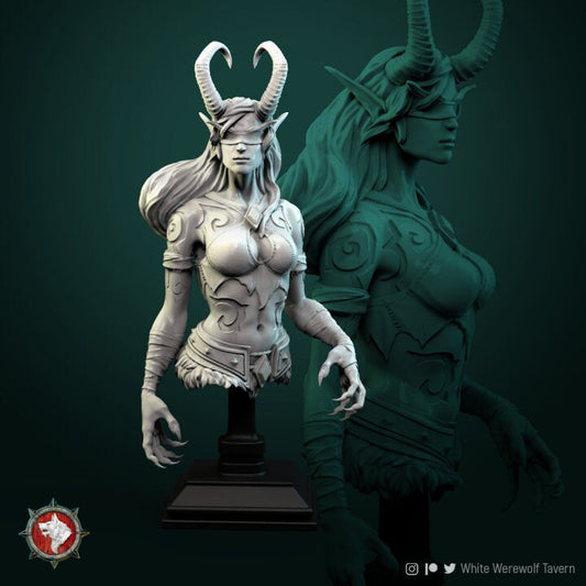 Demon Huntress Bust | Display piece | RPG, DnD, Table top gaming, Mythology, Fantasy, Female Miniature | 3D Printed Resin Models