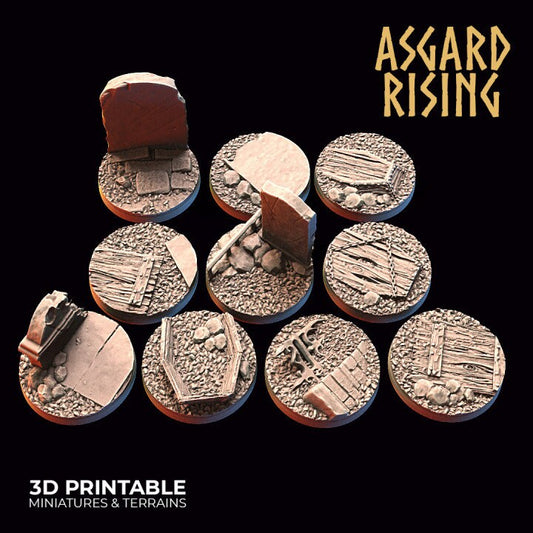 Graveyard Theme Round Bases x10 | 3D Printed Resin Model- Ideal for DnD, RPG, Table top Gaming, Fantasy, Wargaming, The 9th Age,